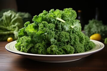 Fresh green kale on white plate, generative IA
