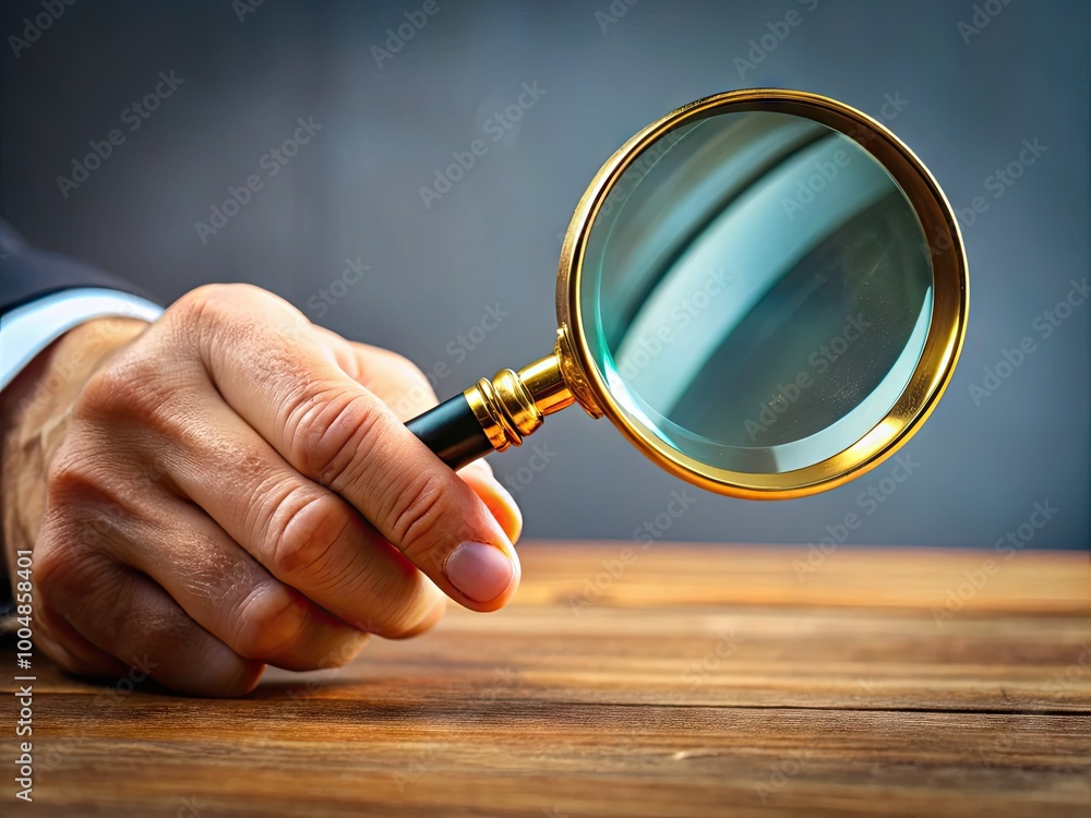 Poster hand holding magnifying glass examining small object with focus on detail and precision in close-up