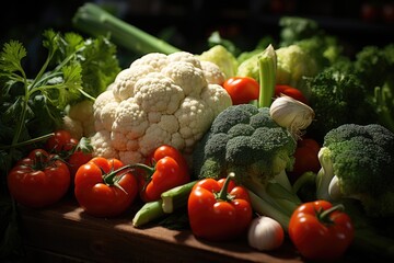 Freshness of organic vegetables cauliflower broccoli tomato carrot onion generat, generative IA