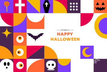 Vector Halloween banner with modern abstract geometric Bauhaus pattern. Halloween holiday celebration vector horizontal banner. Bauhaus geometric pattern.
