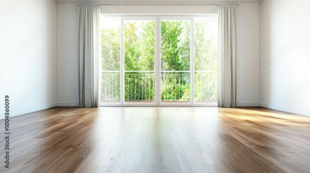 Poster a large open room with a view of trees and a white curtain