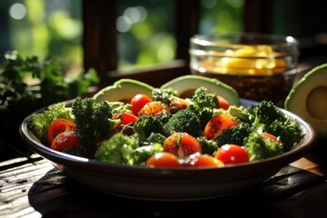 Fresh vegetarian salad bowl with organic kale, generative IA