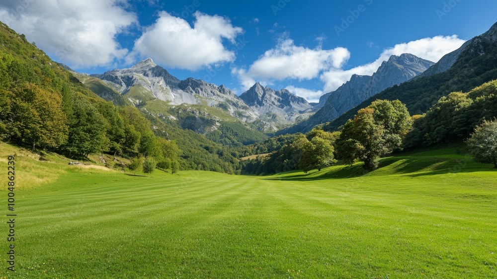 Poster a large, open field with a mountain range in the background