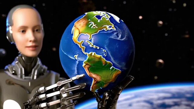 alien planet earth, humanoid robot wielding planet earth, a vision of technology&rsquo;s future