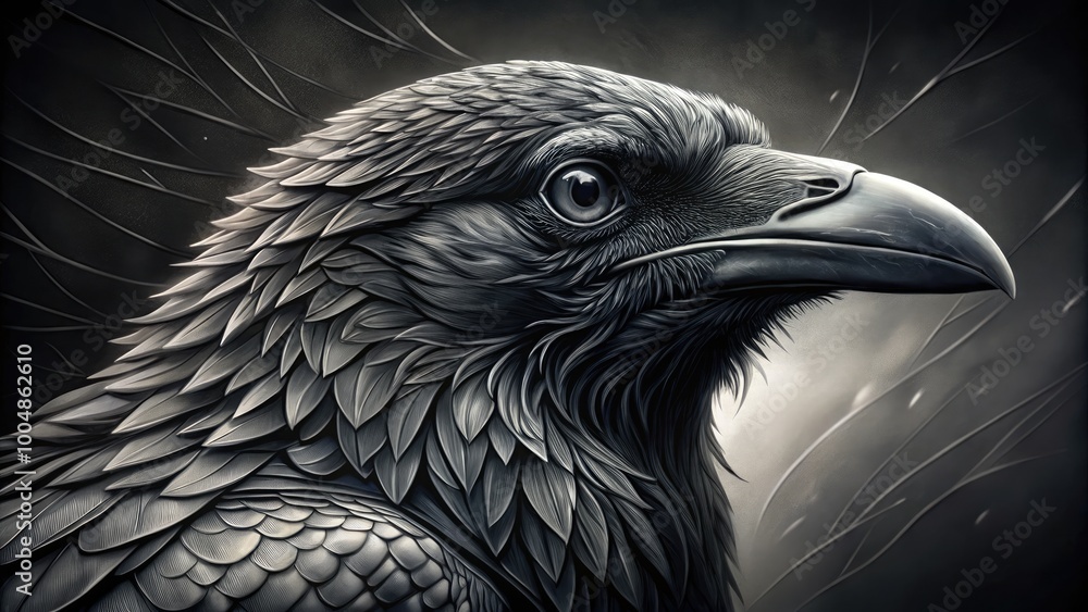 Poster intricate drawing of a raven bird in black and white with detailed feather patterns and expression