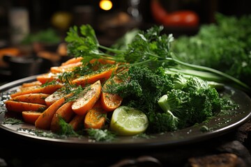 Upper view in closeup with carrots with the appetizing fork of kale with carrots, generative IA