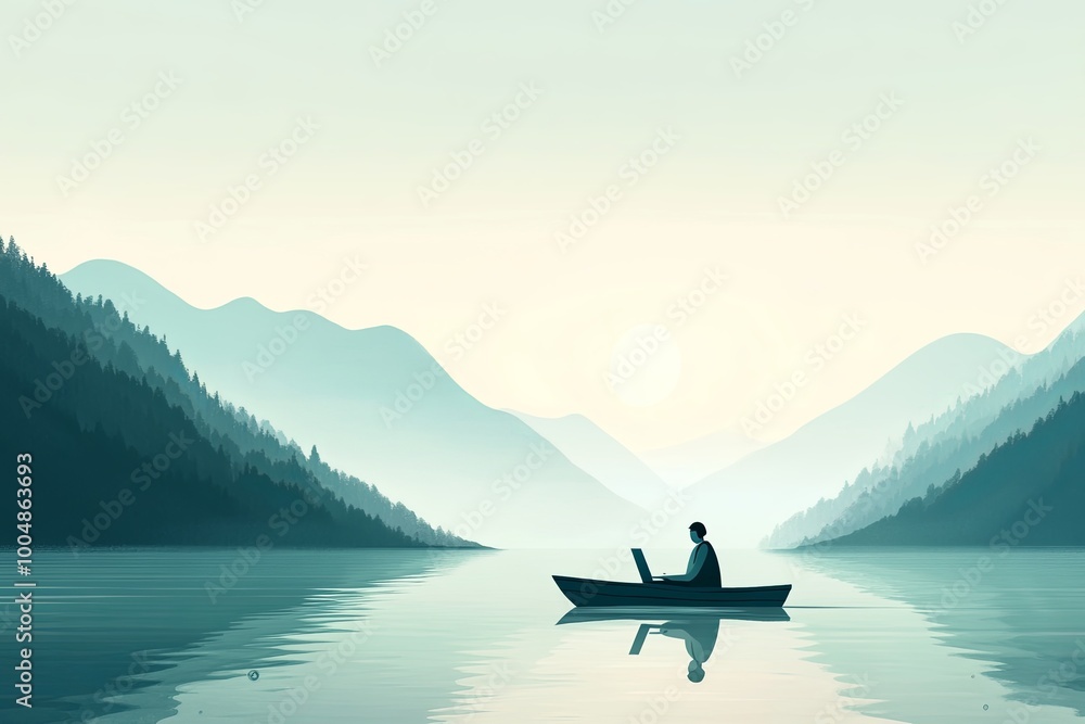 Poster a solitary figure rows a boat on a calm lake surrounded by misty mountains at dawn, creating a seren