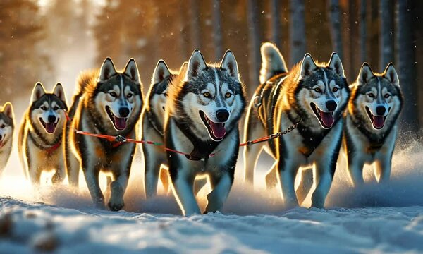 Sled dog team racing through a snowy wilderness, with eager huskies pulling a sled across the frozen terrain. . Video