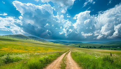 Fototapeta premium Golden hour illuminates a winding dirt road through a vast, green meadow under a clear blue sky