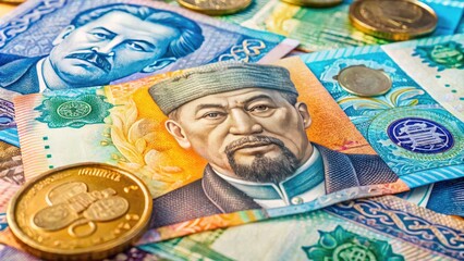 Fototapeta premium Kazakhstan currency banknotes and coins showcasing the national currency for financial concepts and trade