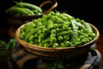 Conserved green peas in a wooden bowl. Fermented homemade food. Copy the space, generative IA