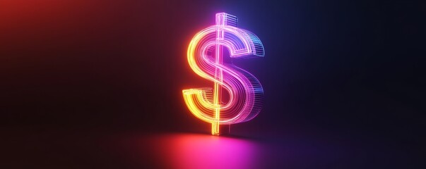 Neon dollar sign on dark background, financial growth concept