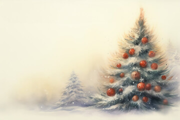 Fototapeta premium Christmas tree with red baubles standing in snowy landscape