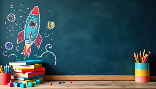 A back to school study scene setup with colorful books, chalks and pencils in pots on wooden desk on dark turquoise green blue chalkboard background with rocket, planets, stars drawings and copyspace.