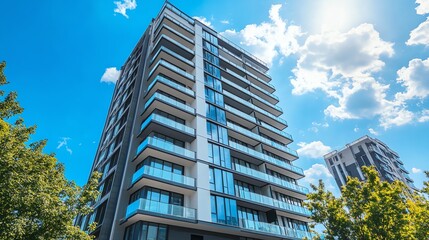 Obraz premium Modern apartment building with balconies and a blue sky.