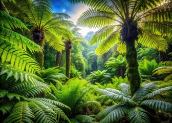 Fototapeta premium Lush Tree Ferns Amidst Vibrant Greenery in a Tropical Jungle Forest Setting