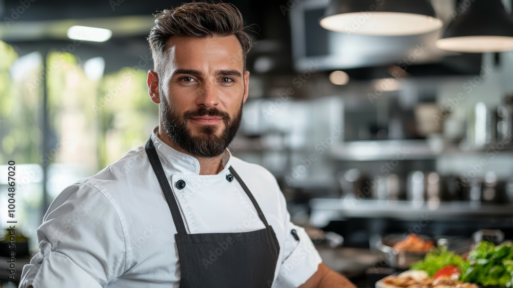 Poster a chef with a beard stands in front of a counter with a salad