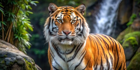 Fototapeta premium Majestic Caspian Tiger in Natural Habitat Showcasing Its Striking Stripes and Powerful Presence