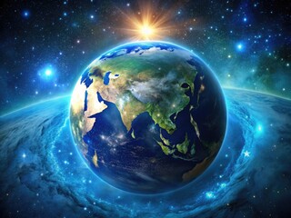 Fototapeta premium Majestic Earth Blue Horizon with Shining Stars Above in a Stunning Cosmic Night Sky Display