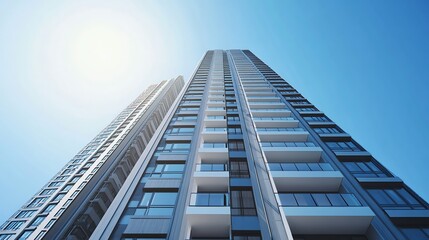 Naklejka premium Low angle view of modern glass and concrete high-rise building against a clear blue sky.