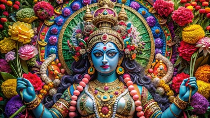 Fototapeta premium Majestic Kali Goddess Statue in Vibrant Colors Surrounded by Intricate Floral Patterns and Details
