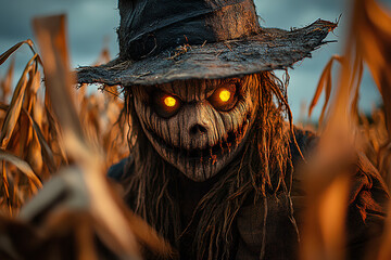 Scarecrow in corn maze, spooky Halloween horror haunted house event, jump scare actor
