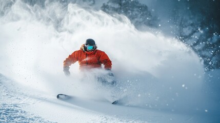 A skier in an orange jacket carves through fresh powder on a snowy mountainside.