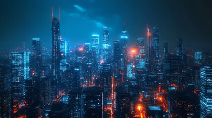 Fototapeta premium A futuristic cityscape at night, with glowing neon lights.