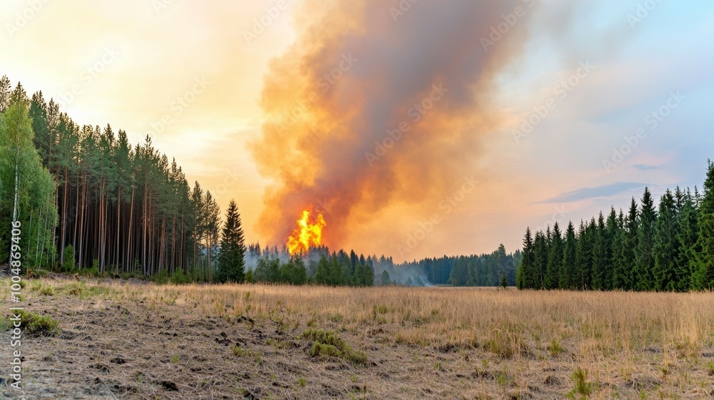 Poster a fire is burning in a field with trees in the background