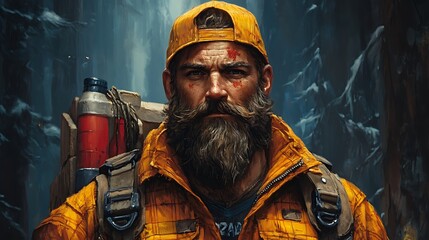 Bearded man in orange jacket and cap, looking intense, with forest background, survival, adventure, explorer concept
