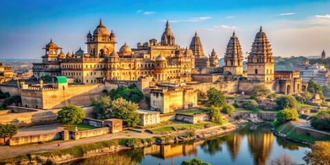 Fototapeta premium Majestic Orchha City Landscape with Historical Forts and Temples under Clear Blue Sky