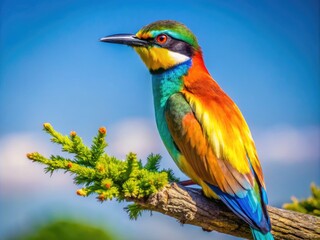Obraz premium Majestic Phenex Bird in Vibrant Colors Perched Elegantly Against a Clear Blue Sky Background