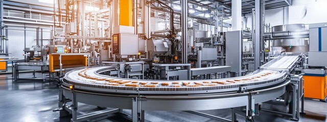 Modern food processing facility with automated conveyor system in operation during the day