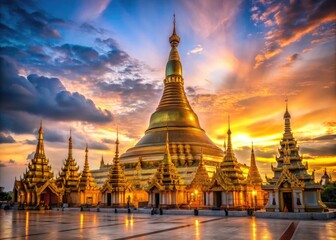 Fototapeta premium Majestic Shwedagon Pagoda Roof in Myanmar Glowing Gold Under the Blue Sky at Sunset