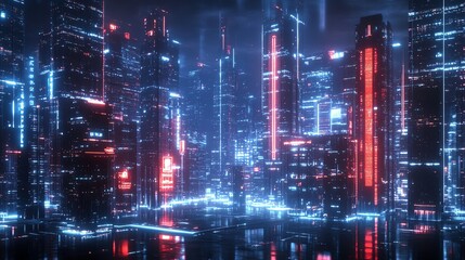 Obraz premium A futuristic city skyline, illuminated with neon lights and digital displays.