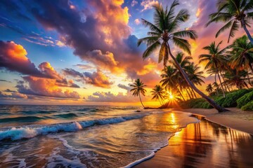 Majestic Sunset Beach with Coconut Palm Trees and Colorful Sky Over Waves and Sand in Paradise