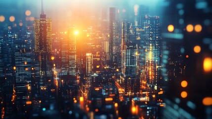 Fototapeta premium Stunning aerial view of a futuristic cityscape at night, glowing with lights.