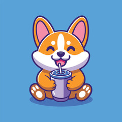 Cute Corgi Drink Milk Tea Boba Cartoon Vector Illustration.
