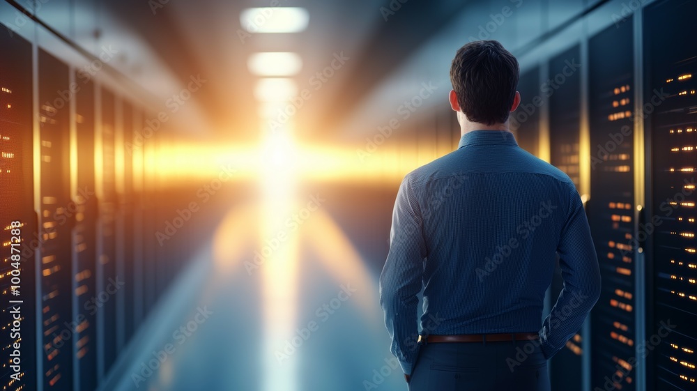Poster a man stands in a long, empty room with a computer server