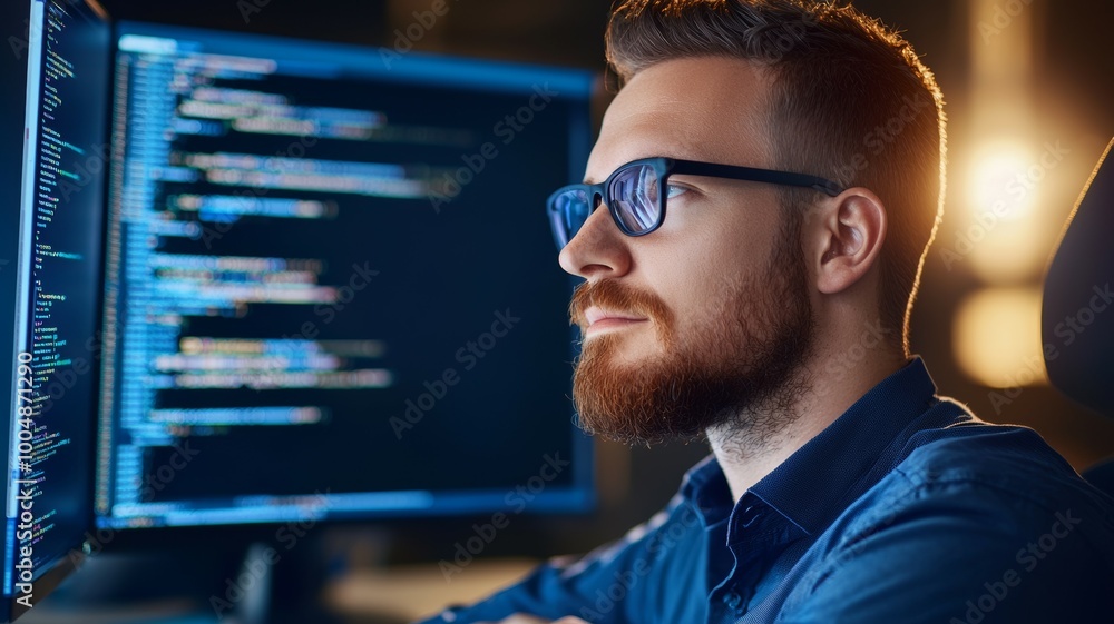 Poster A man with glasses is sitting in front of two computer monitors