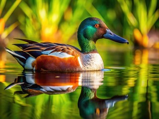 Obraz premium Male shoveler duck swimming in a serene pond surrounded by lush greenery and reflective water surface