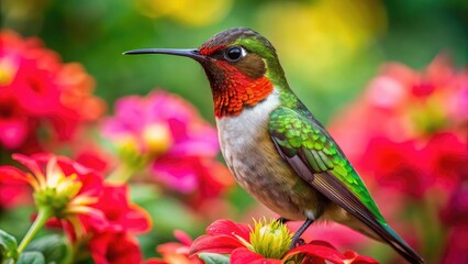 Obraz premium Male Ruby-Throated Hummingbird Perched on a Vibrant Flower in a Lush Green Garden Setting