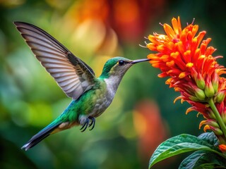 Fototapeta premium Mantis Hummingbird Feeding on Nectar from Vibrant Flower in Lush Tropical Environment