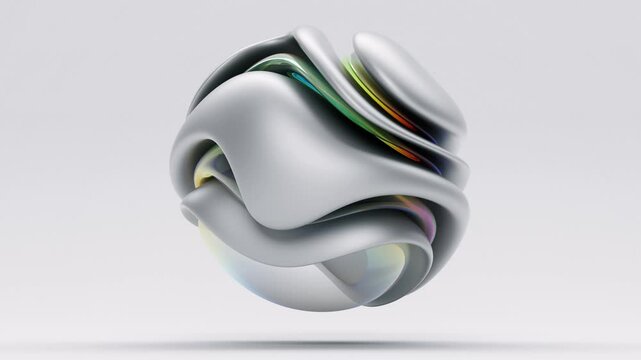 3d render of abstract art with surreal 3d organic alien ball or liquid substance in curved wavy smooth and soft bioforms in matte aluminium and translucent multi color plastic material on grey back