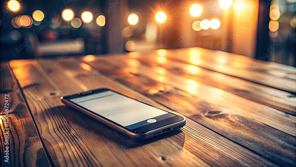 Poster mobile phone displaying text message on a wooden table with soft lighting and relaxed atmosphere