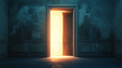 Mysterious glowing door in a dark room, concept of hope, opportunity, and new beginnings.
