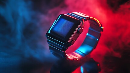 Smartwatch with a metal band in a red and blue neon light.
