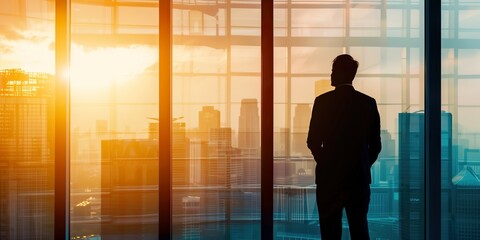 Silhouette of a businessman looking out of a large office window at the city skyline during sunset