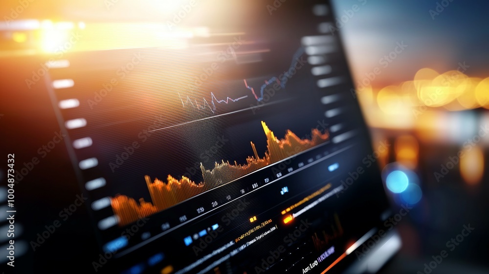 Poster a computer screen shows a graph of stock prices