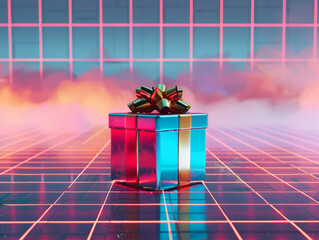 A vibrant gift box with shiny bow sits on neon grid, surrounded by colorful mist, evoking retro futuristic atmosphere.